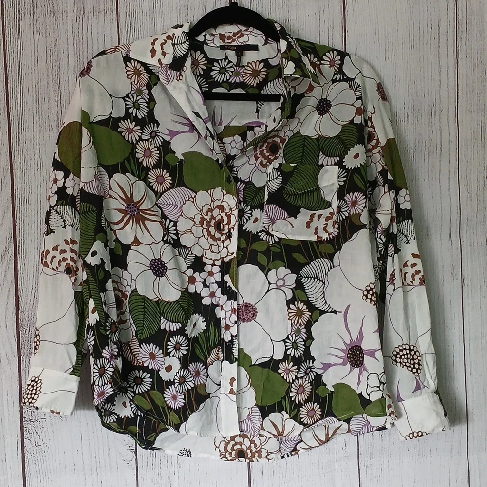 Maje Anthropologie 70's Floral Print Shirt button down blouse size small (1) - Picture 2 of 12